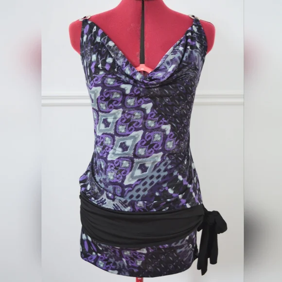Purple Patterned Cowl Neck Top With Side tie Belt And Rhinestone On Straps - Picture 1 of 4